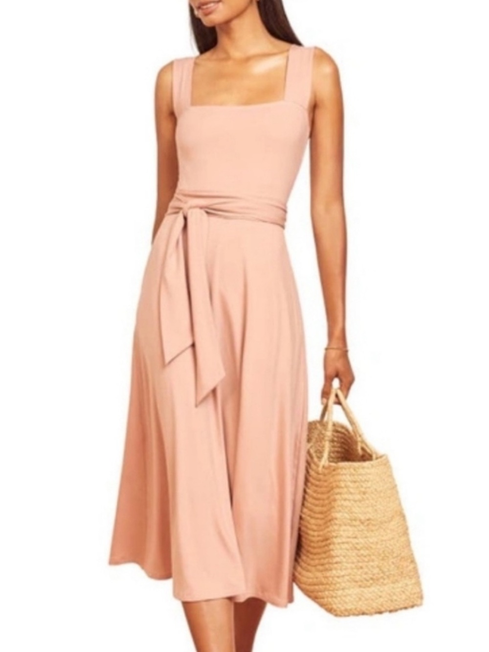 Reformation Helena Blush Square-Neck Midi Dress with Waist Tie